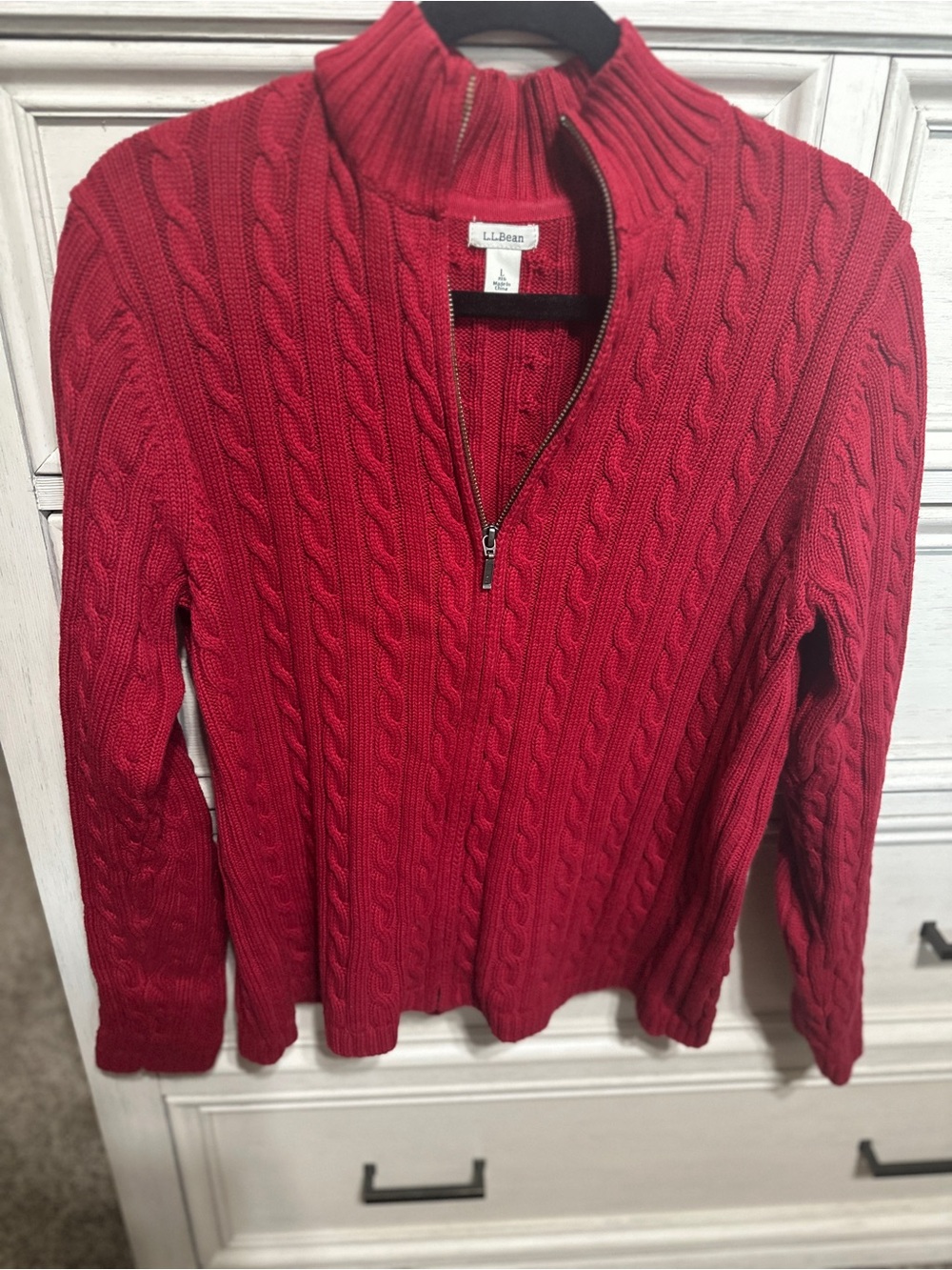 L.L. Bean Women's Crimson Cable-Knit Full Zip Turtleneck Sweater